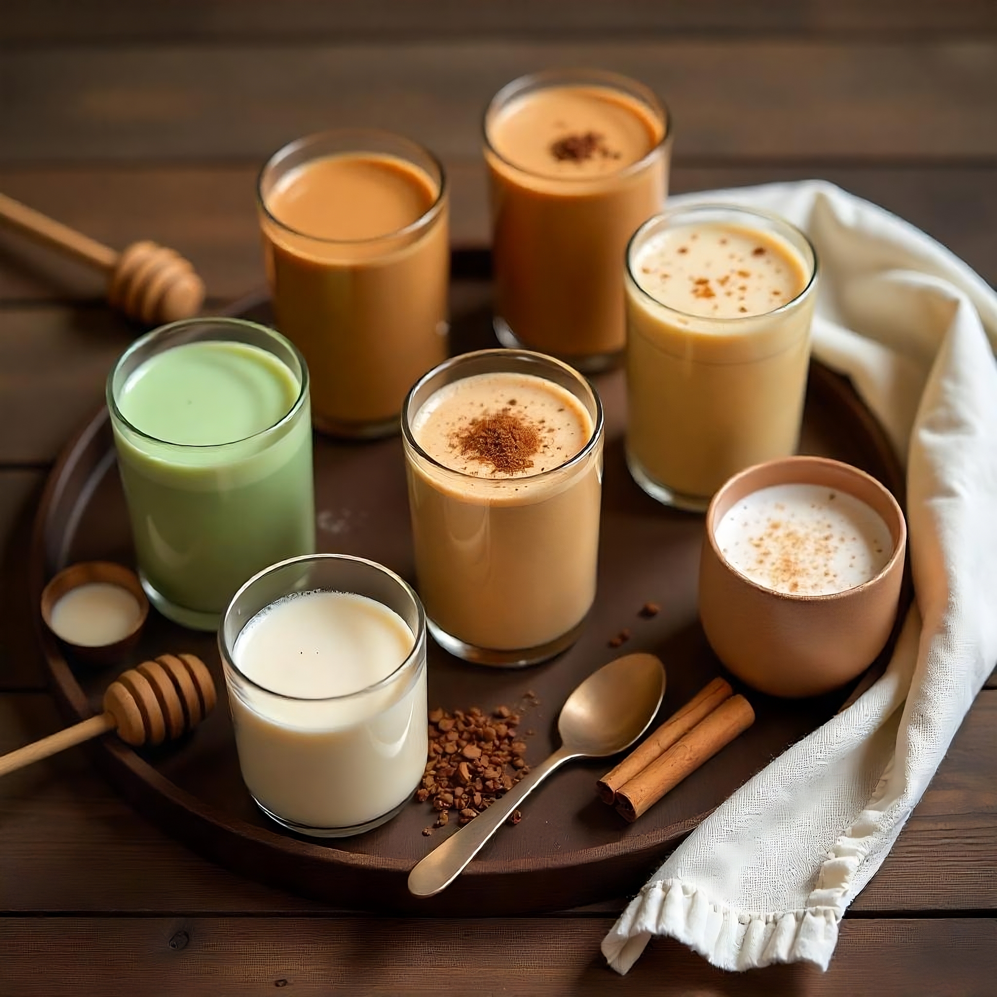 Un plateau en bois contenant une variété de thés au lait et de lattes différents, dont du matcha, du chai et du thé au lait classique, avec des bâtons de cannelle et une cuillère à miel, pour un article sur les boissons modernes à base de thé.