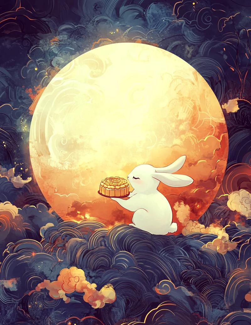 Illustration onirique du Lapin de Jade tenant un mooncake devant la pleine lune, un symbole fort du Festival de la lune et de la Déesse de la Lune.