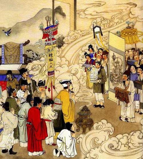 Illustration traditionnelle chinoise d'un rituel historique ou bouddhiste lié à la piété filiale et aux offrandes durant la Fête des Fantômes Affamés.