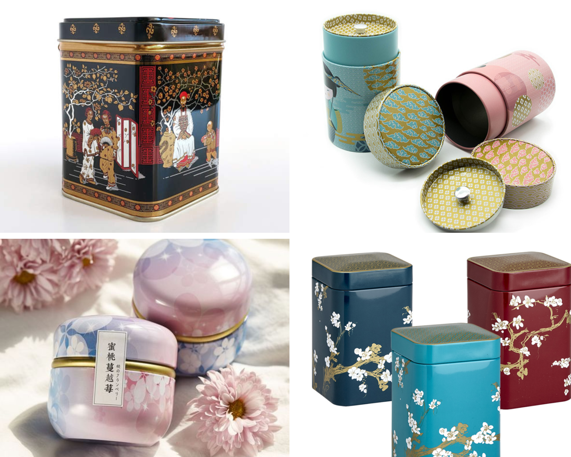 Assortiment de boîtes à thé hermétiques en métal (caddies), décorées de motifs chinois et japonais traditionnels. Différents formats (carré, cylindre) illustrant la conservation du thé en vrac.