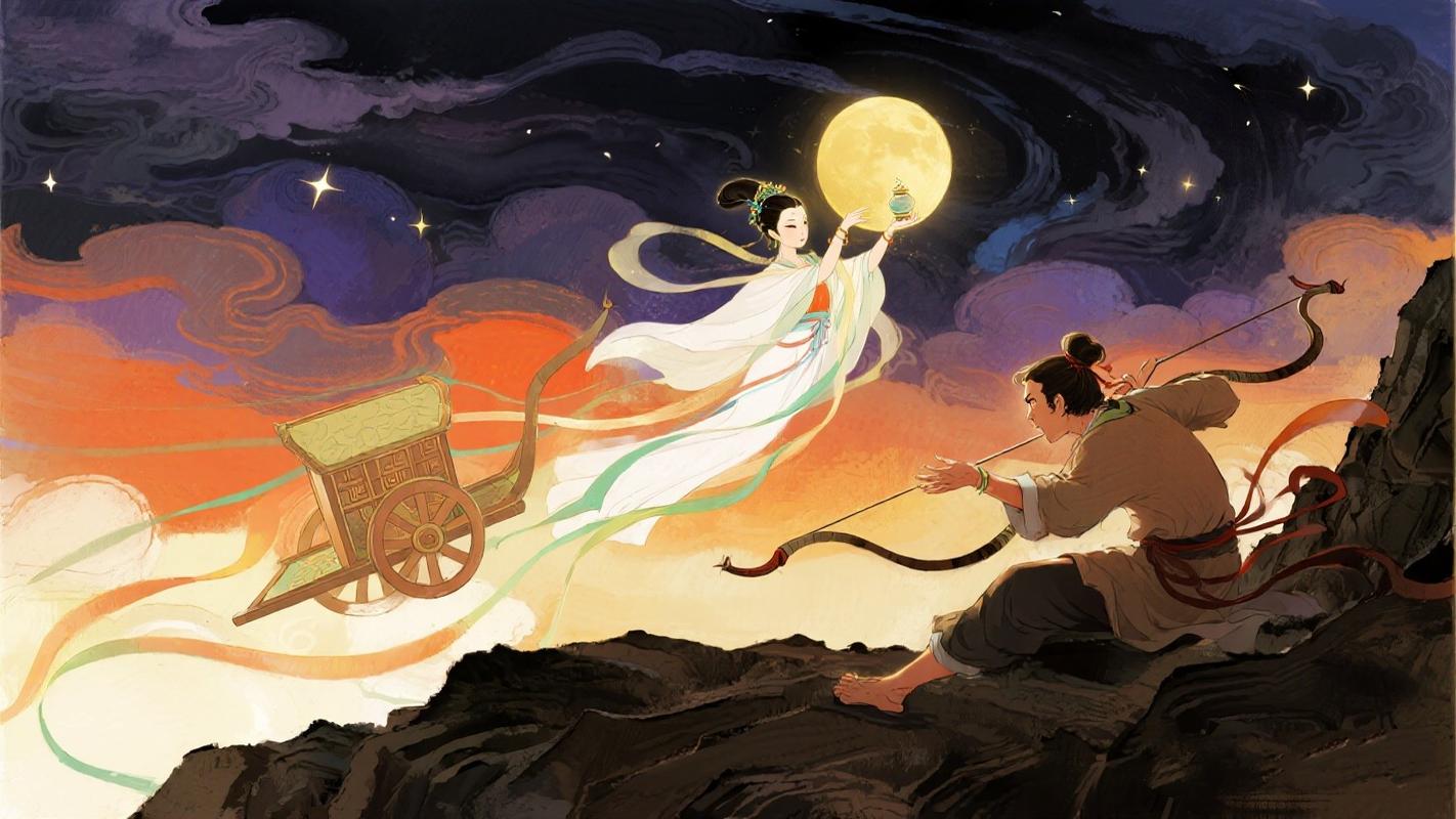 Illustration mythologique chinoise représentant la déesse montant vers la lune tandis qu’un archer la regarde depuis la terre, symbolisant la légende du festival de la lune et l’amour éternel entre Chang’e et Houyi.