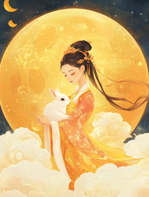 Illustration délicate de la déesse Chang'e vêtue d'une robe orange et or, tenant un lapin de jade blanc, debout sur des nuages devant une grande lune dorée texturée, symboles du festival de la mi automne. Deux croissants de lune sont visibles dans le ciel nocturne.
