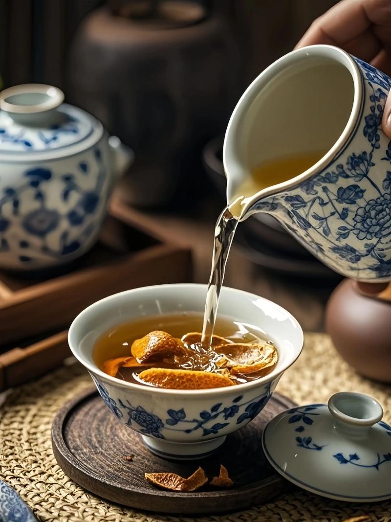 Gros plan sur une main versant une infusion chinoise de chen pi (écorces de mandarine séchées) dans un bol en porcelaine bleu et blanc, illustrant la préparation traditionnelle de ces infusions pour la digestion et la santé respiratoire, parfait pour les infusions chinoises.