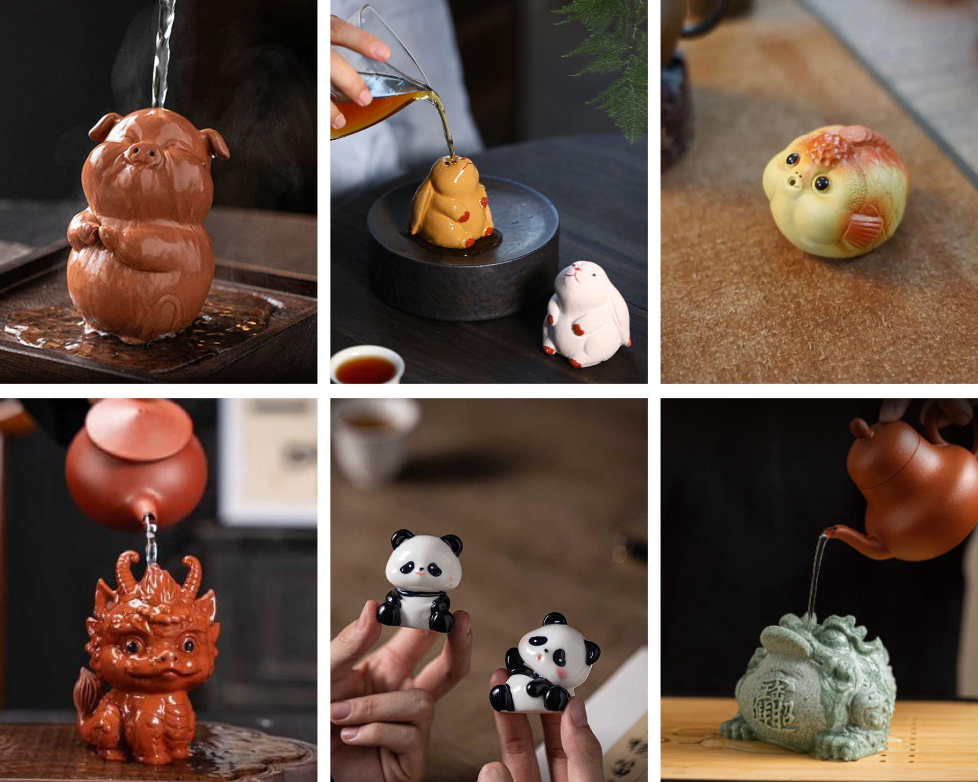Un collage de six images montrant de mignons tea pets en céramique ou terre cuite, incluant un cochon, un lapin, un poisson, un dragon et des pandas. Ces petits compagnons de thé reçoivent de l'eau ou du thé versé sur eux. Parfaites idées cadeaux thé originales pour les amateurs de Gongfu Cha et de rituels du thé.