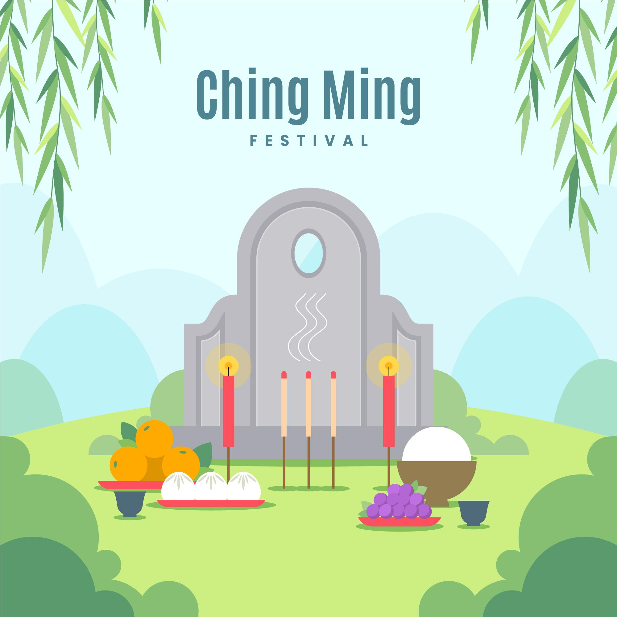 Illustration plate du festival de Qingming représentant une tombe traditionnelle chinoise entourée d'offrandes rituelles : bâtons d'encens allumés, bougies rouges, fruits (oranges et raisins) et petits pains vapeur sur une colline verdoyante sous des saules pleureurs.