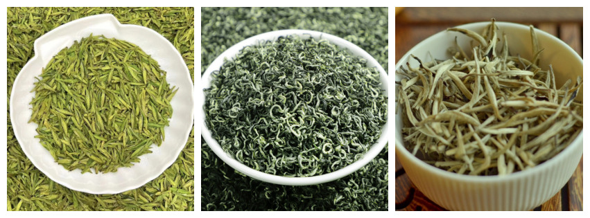 Comparaison de trois thés chinois de prestige récoltés avant le Qingming Festival : le thé vert Longjing aux feuilles plates, le thé vert Biluochun torsadé et le thé blanc Baihao Yinzhen composé de bourgeons argentés. Ces thés d'exception illustrent la finesse d'un thé Pre-Qingming récolté au printemps.