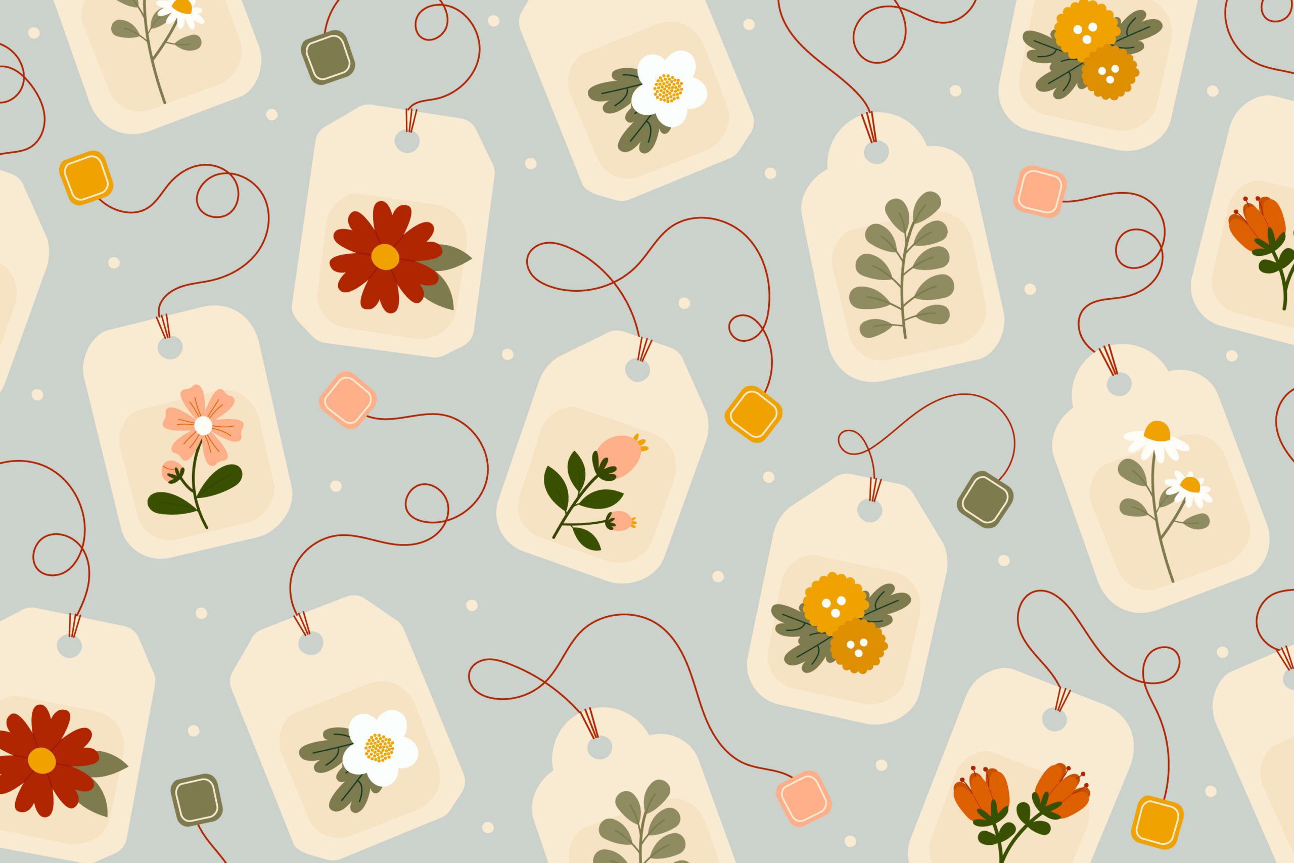 Illustration printanière en flat design présentant un motif répétitif de sachets de thé blancs ornés de fleurs colorées (marguerites, coquelicots, camomille) sur un fond bleu pastel avec des petits pois blancs.