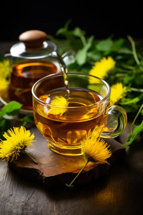 Un thé aux fleurs de chrysanthème jaune infusé dans une tasse en verre transparente, révélant une robe dorée lumineuse sur un support en bois naturel.