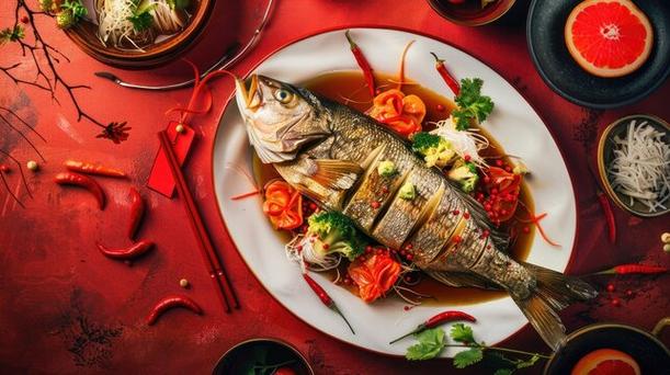 Photographie d'un plat traditionnel chinois de poisson entier braisé, servi dans une sauce onctueuse et agrémenté de coriandre fraîche sur une nappe rouge festive. Cette image illustre parfaitement quel thé boire pour accompagner les plats du Nouvel An chinois afin de créer un accord mets et thés harmonieux lors des célébrations de la chance et de l'abondance.