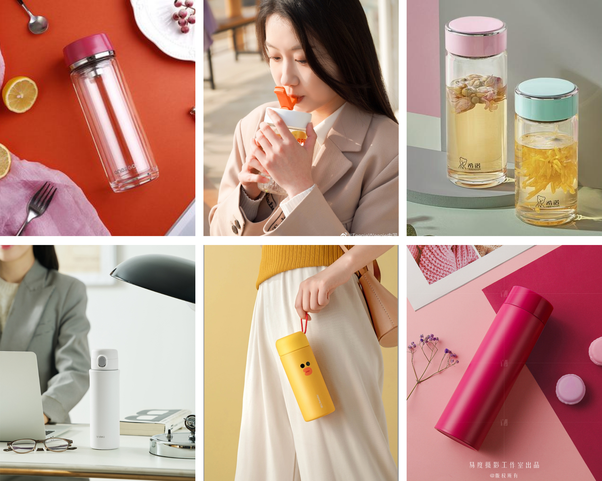Boire de l'eau chaude avec style : collage de thermos en verre, infuseurs nomades et bouteilles isothermes jaunes, roses et blanches.