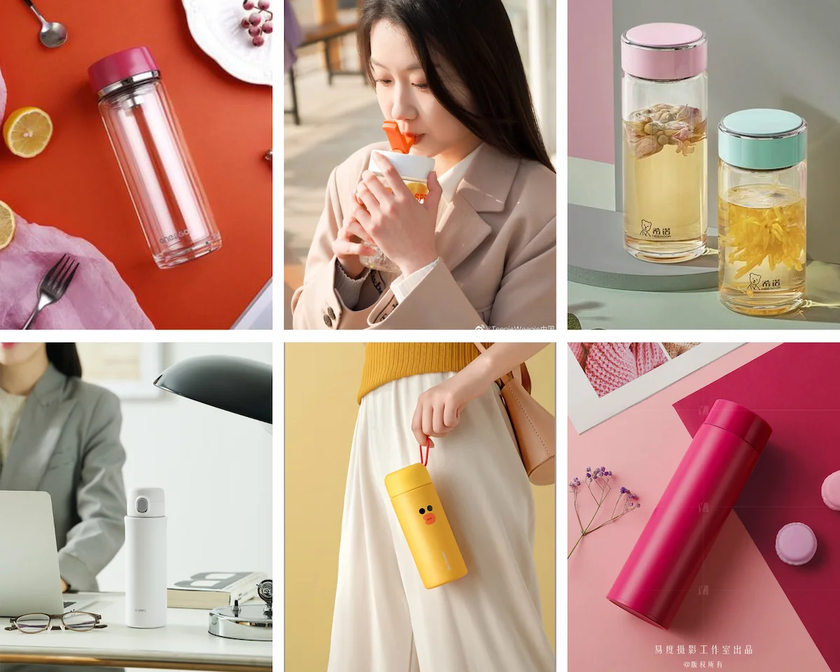 Un collage de six photographies esthétiques présentant différents modèles de bouteilles isothermes et infuseurs nomades. On y voit des thermos en verre transparent révélant des fleurs de thé, une jeune femme utilisant une gourde moderne, ainsi que des designs minimalistes colorés en jaune, blanc et rose. L'ensemble illustre l'art de boire de l'eau chaude (bienfaits pour la santé et la digestion) avec style, que ce soit au bureau ou en extérieur.