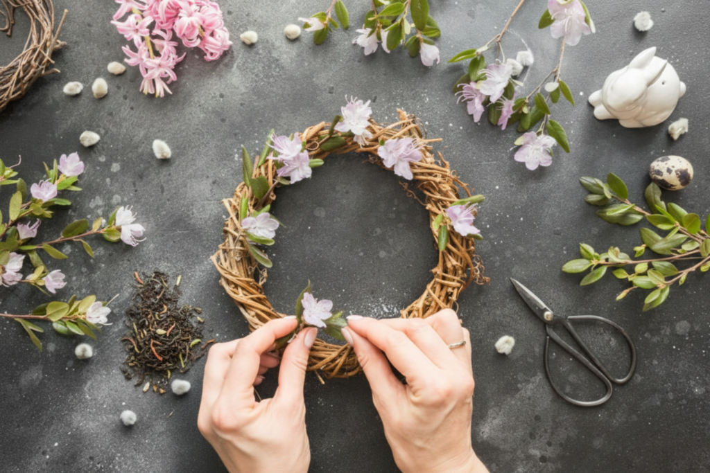 Vue de dessus de mains confectionnant une couronne de Pâques artisanale en osier décorée de fleurs de jasmin roses, avec des feuilles de thé en vrac, des ciseaux de fleuriste et un petit lapin blanc sur une table de travail grise.