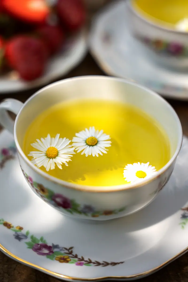 Une tasse en porcelaine délicate remplie d'une infusion jaune vif où flottent trois fleurs de chrysanthème blanches, illustrant la tradition du thé chinois et chance pour Nouvel An chinois. En arrière-plan, on aperçoit des fraises rouges fraîches, complétant cette scène printanière et porte-bonheur dédiée au bien-être.