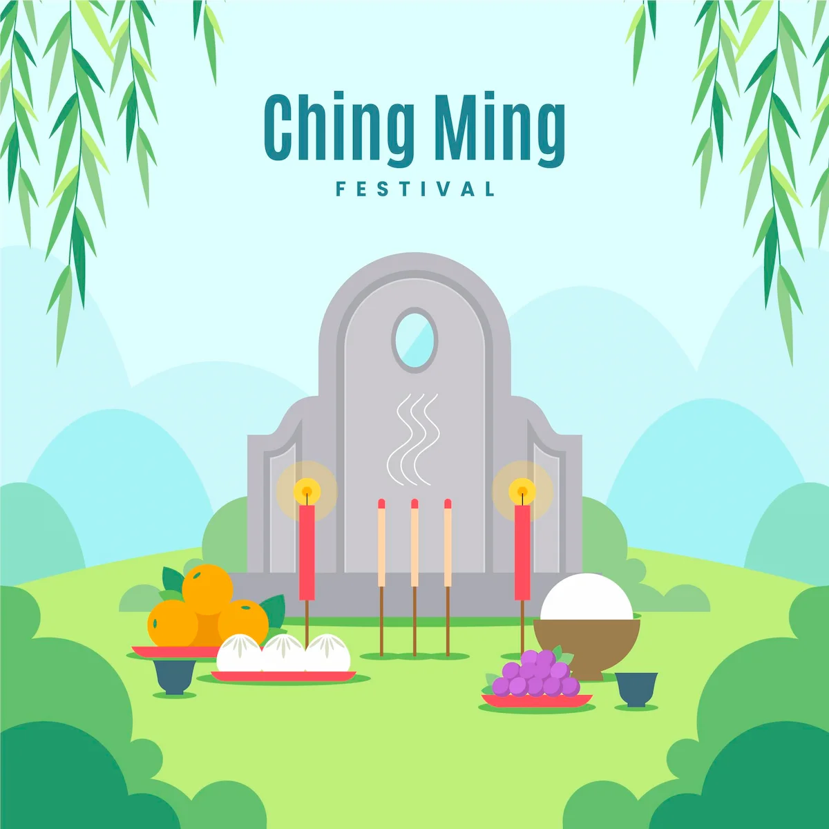 Illustration plate du festival de Qingming représentant une tombe traditionnelle chinoise entourée d'offrandes rituelles : bâtons d'encens allumés, bougies rouges, fruits (oranges et raisins) et petits pains vapeur sur une colline verdoyante sous des saules pleureurs.