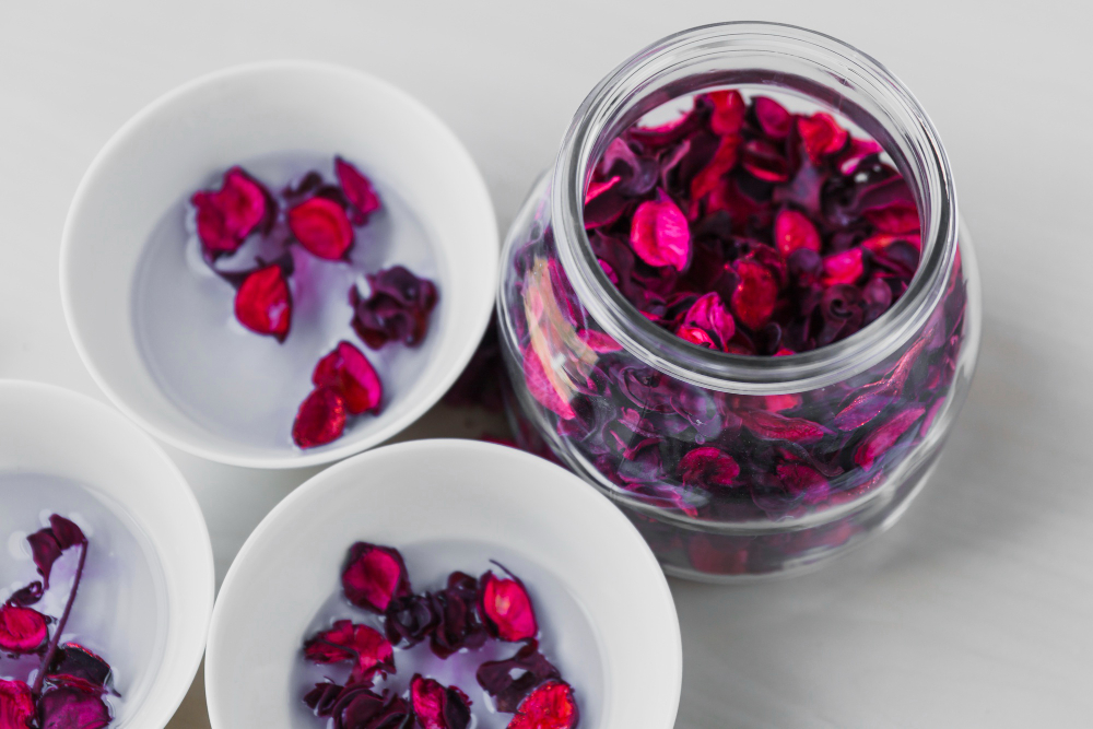Jarre en verre remplie de boutons de rose séchés (Mei Gui Hua) et tasses de préparation florale, une infusion sans théine soir idéale pour apaiser le stress.