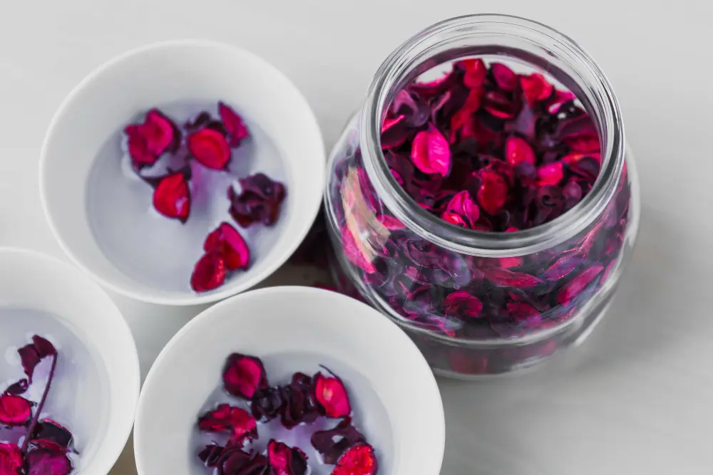 Jarre en verre remplie de boutons de rose séchés (Mei Gui Hua) et tasses de préparation florale, une infusion sans théine soir idéale pour apaiser le stress.