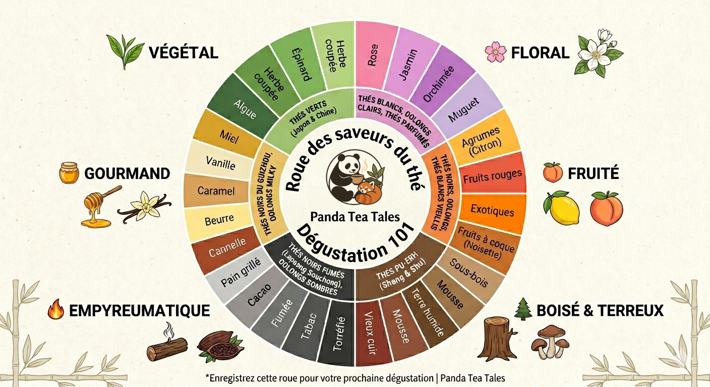 La roue des saveurs du thé de Panda Tea Tales présente le profil aromatique du thé (floral, fruité, boisé) et fournit le vocabulaire du thé essentiel pour la dégustation du thé et savoir comment décrire un thé avec des notes de dégustation précises.
