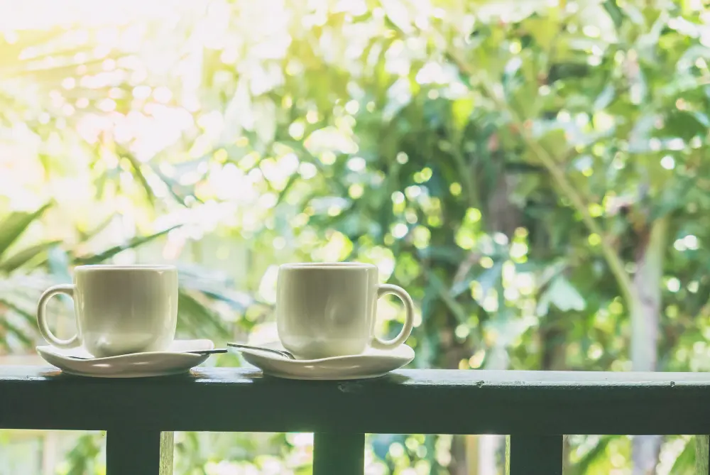 2 tasses de thé posée sur le rebord en bois d'un balcon. En arrière plan de la végétation tropicale. Boire du thé quand il fait chaud. 