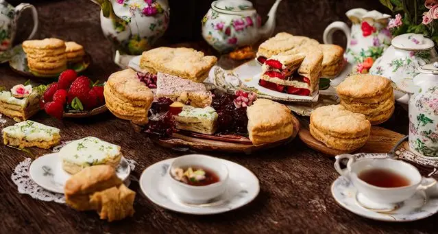 Porcelaine vintage, scones et tasses de thé au saut du lit pour illustrer quel thé boire le matin dans la pure tradition anglaise.