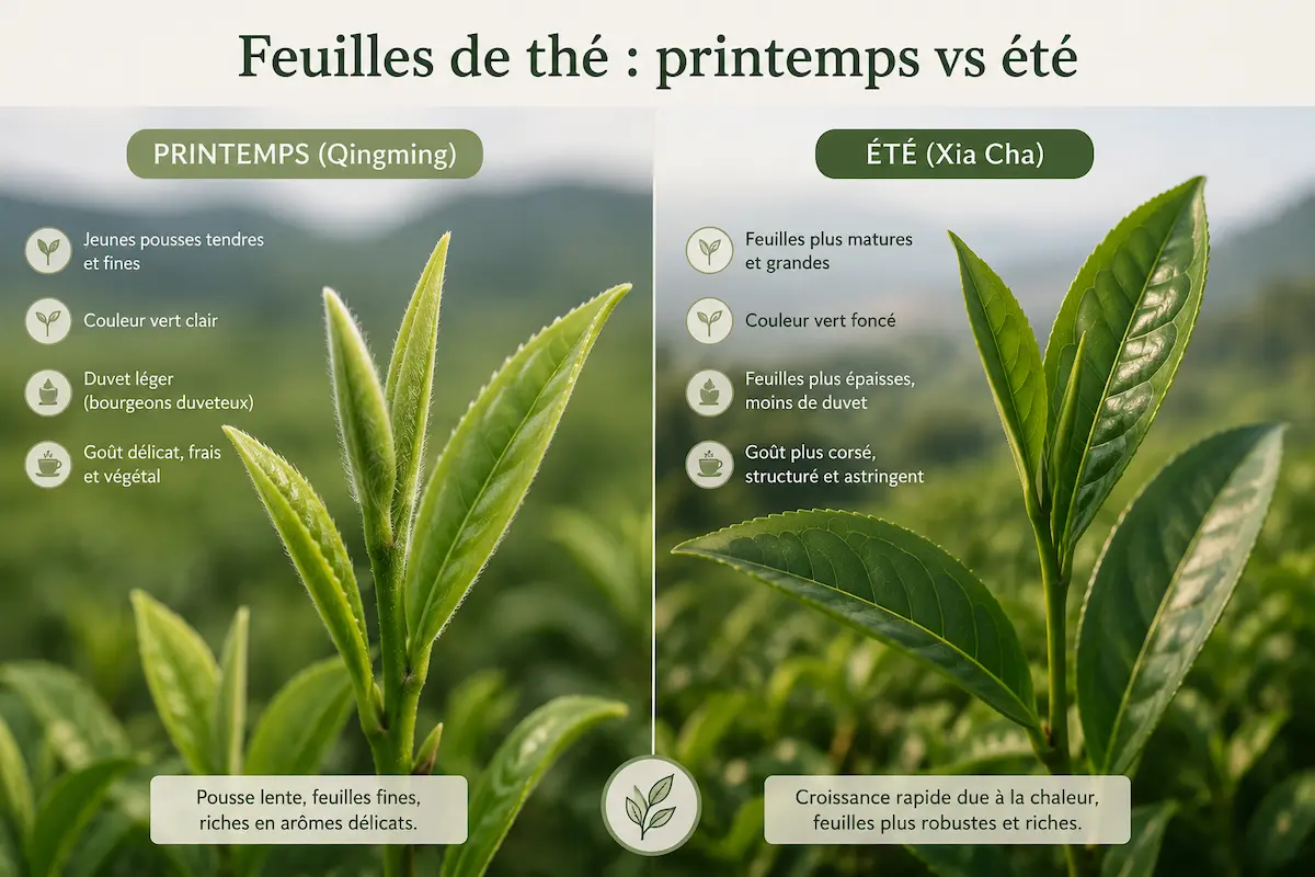 Infographie comparative intitulée "Feuilles de thé : printemps vs été". À gauche, une jeune pousse de thé de printemps (Qingming) vert clair aux bourgeons duveteux, douce et délicate. À droite, une pousse de thé d'été (Xia Cha) vert foncé, aux feuilles plus grandes, épaisses et au goût plus corsé.