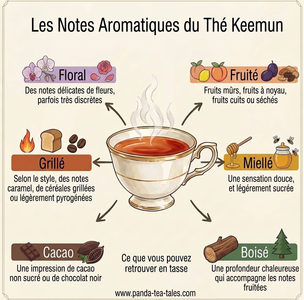 Infographie illustrée intitulée "Les Notes Aromatiques du Thé Keemun". Au centre, une tasse en porcelaine transparente remplie de thé noir fumant. Six flèches pointent vers les profil aromatiques : Floral (notes délicates de fleurs), Fruité (fruits mûrs, cuits ou séchés), Miellé (sensation douce et sucrée), Boisé (profondeur chaleureuse), Cacao (chocolat noir ou cacao non sucré) et Grillé (notes de caramel et céréales).