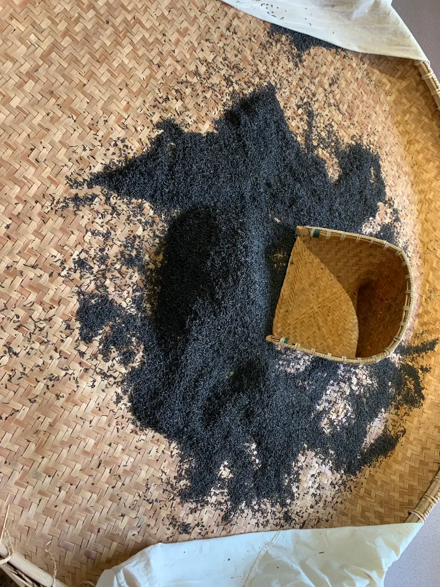 Plateau en bambou tressé contenant des feuilles sèches de thé keemun noir, une exposition au musée idéale pendant un voyage à Qimen.
